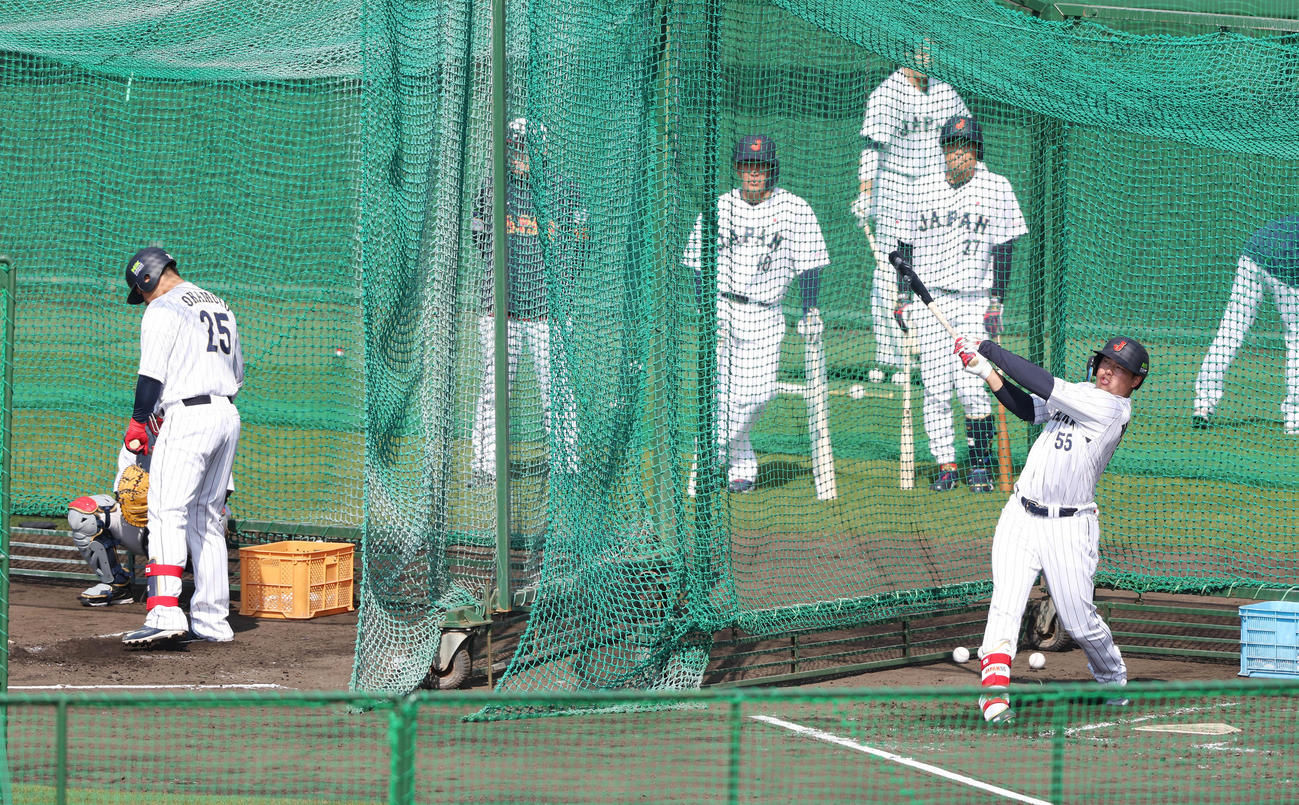 並んでフリー打撃を行う岡本（左）と村上（撮影・前田充）