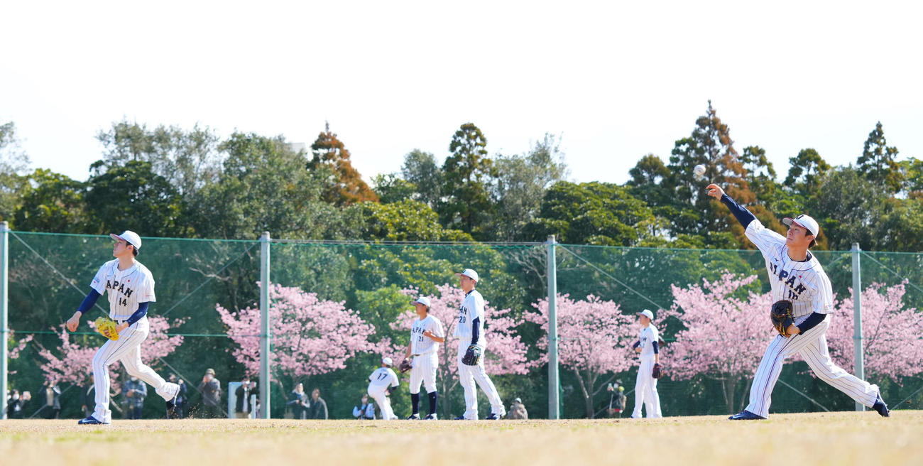 並んでキャッチボールする山本（右）、佐々木（左）ら投手陣（撮影・垰建太）