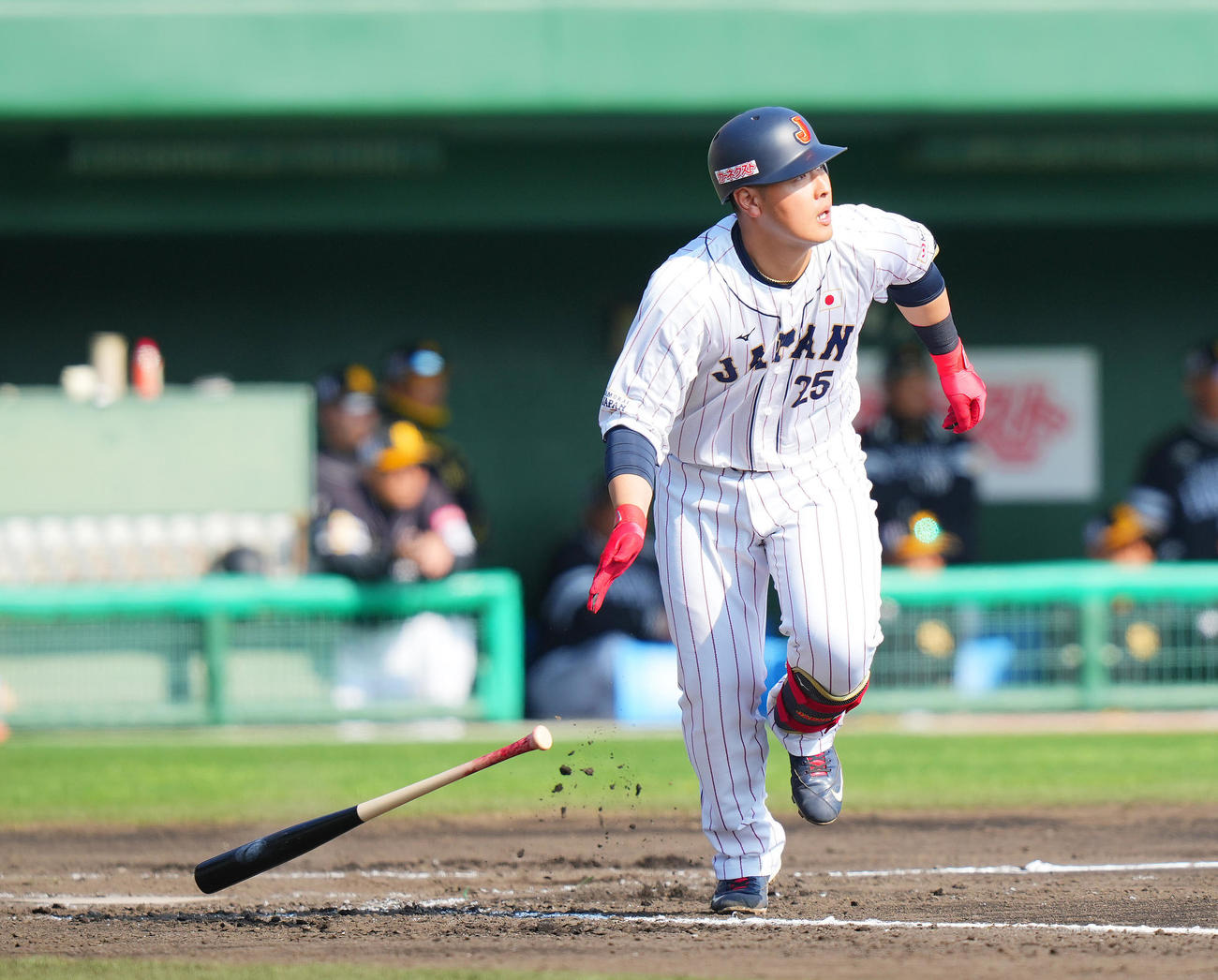 ソフトバンク対侍ジャパン　4回裏侍ジャパン1死満塁、適時二塁打を放つ岡本（撮影・垰建太）