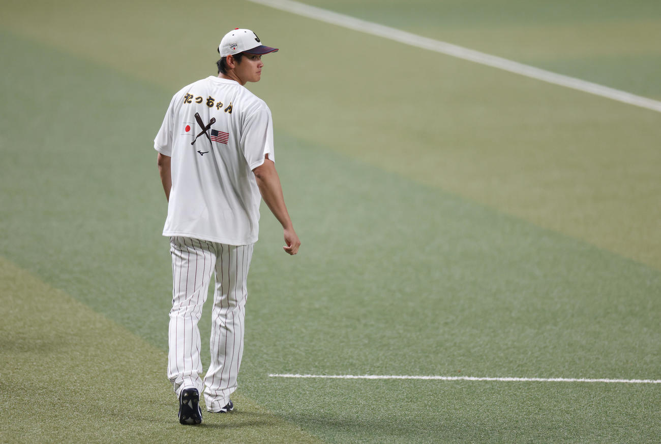 グラウンドに姿を見せる大谷（撮影・前田充）