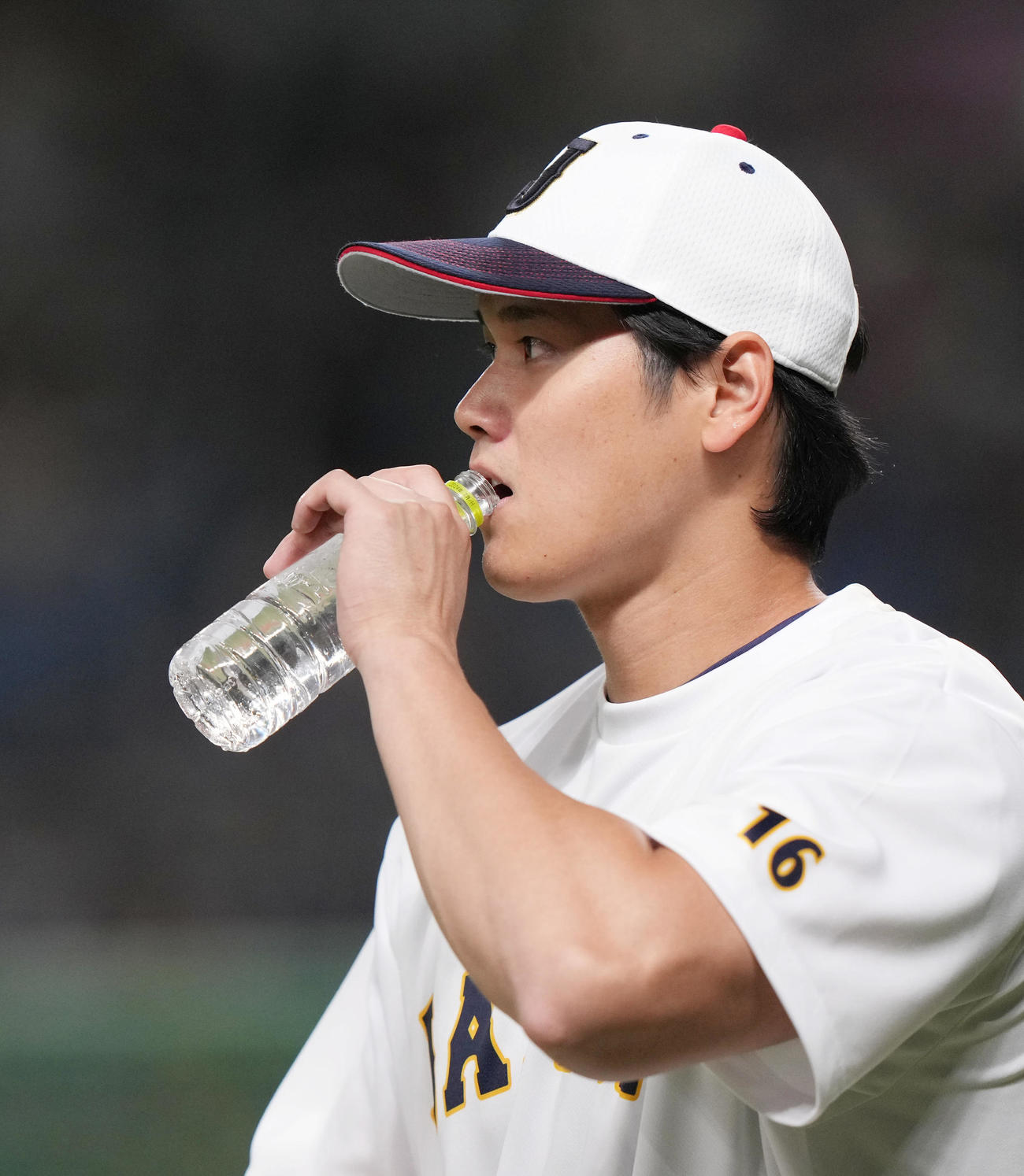 試合前練習に登場し、水を飲む大谷（撮影・狩俣裕三）