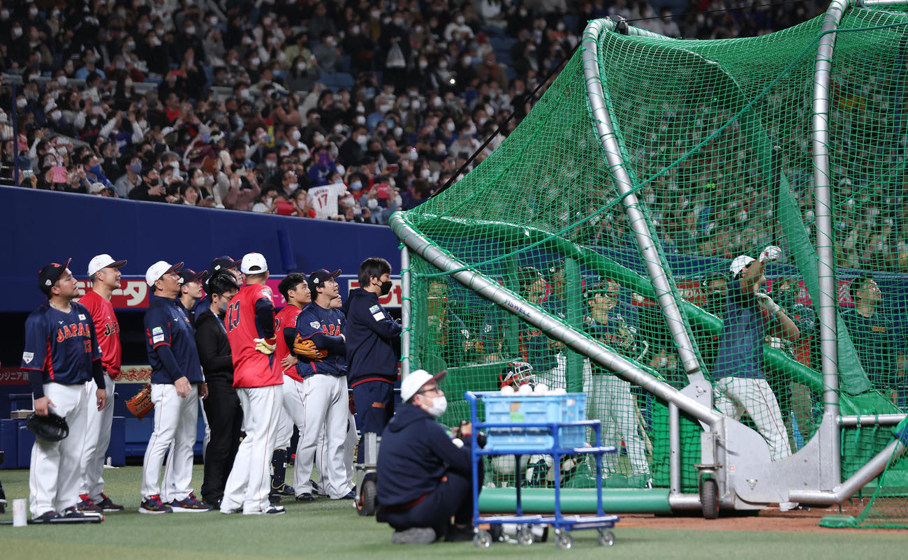 中日対侍ジャパン　大谷のフリー打撃をケージの後ろから見つめる侍ジャパンの選手たち（撮影・前田充）
