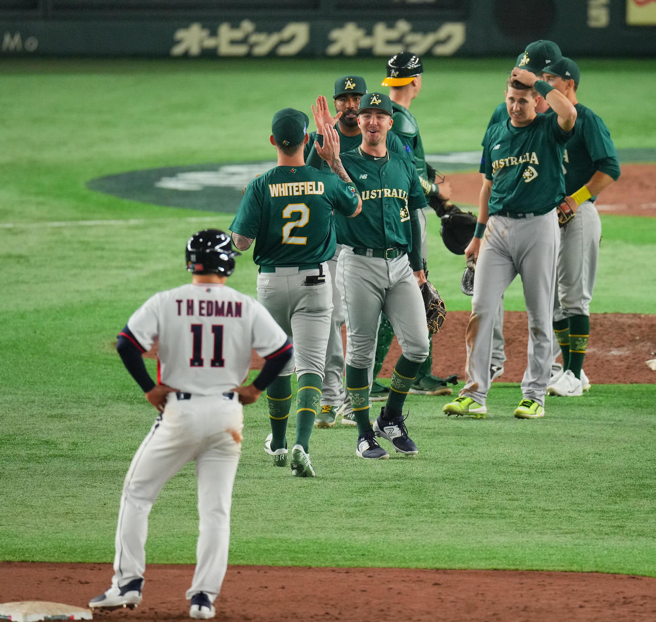 韓国対オーストラリア　韓国に勝利し喜ぶオーストラリアの選手たち（撮影・垰建太）