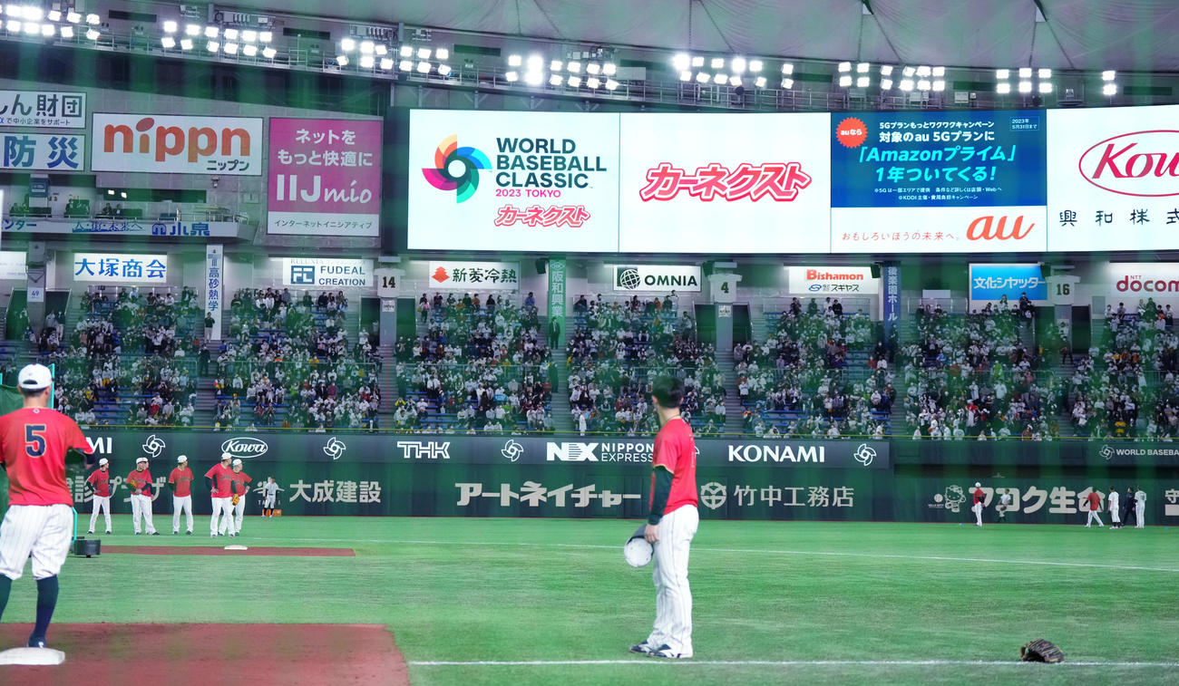 日本対韓国　試合前、フリー打撃で大谷の打球を見送る選手ら（撮影・菅敏）