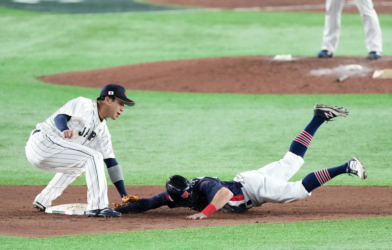 日本対チェコ　5回表チェコ2死二塁、ソガードをけん制でアウトにする。左は山田（撮影・横山健太）