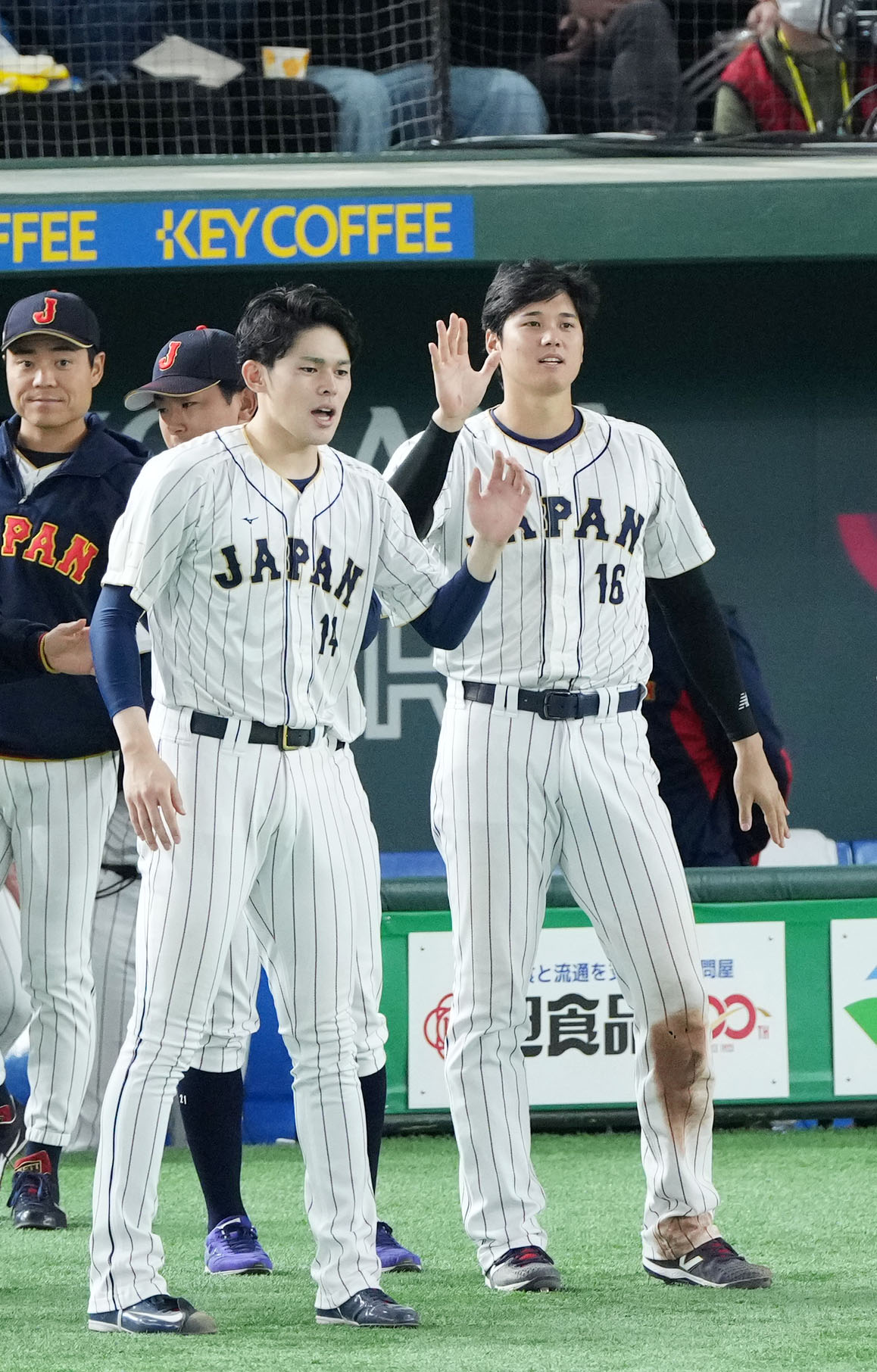 日本対チェコ　5回表を終え、ナインをタッチで迎える佐々木朗（左）と大谷（撮影・横山健太）