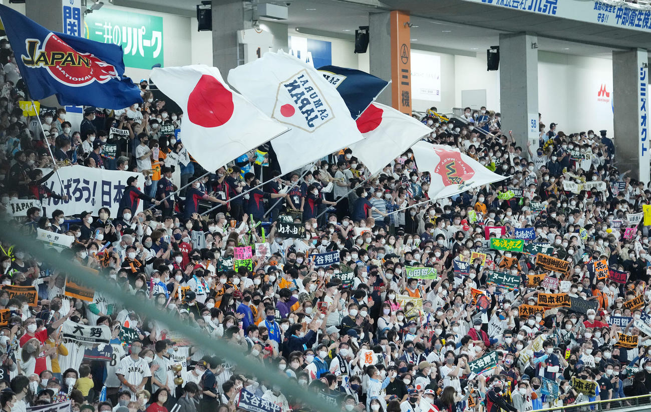 日本対オーストラリア　盛り上がるライトスタンド（撮影・横山健太）