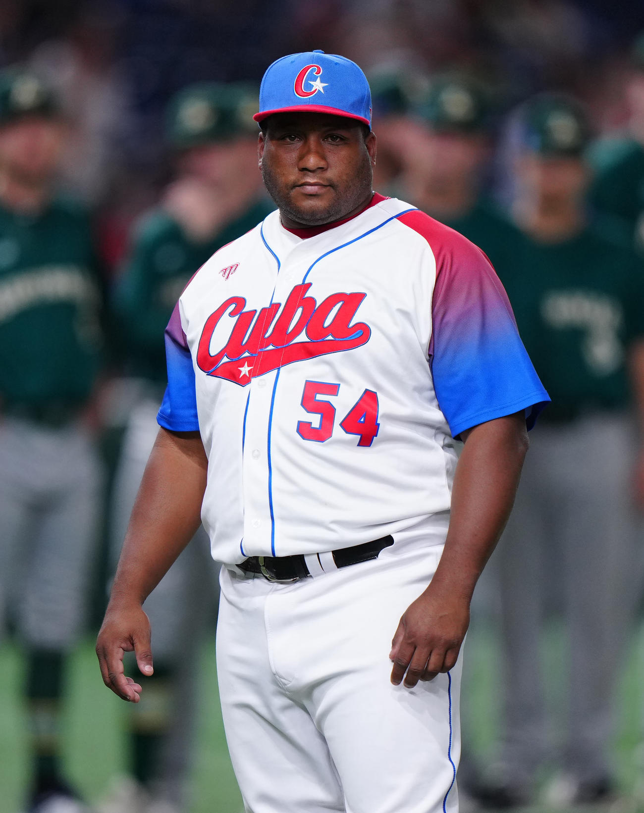 キューバ対オーストラリア　試合前セレモニーに臨むキューバ代表のデスパイネ（撮影・江口和貴）