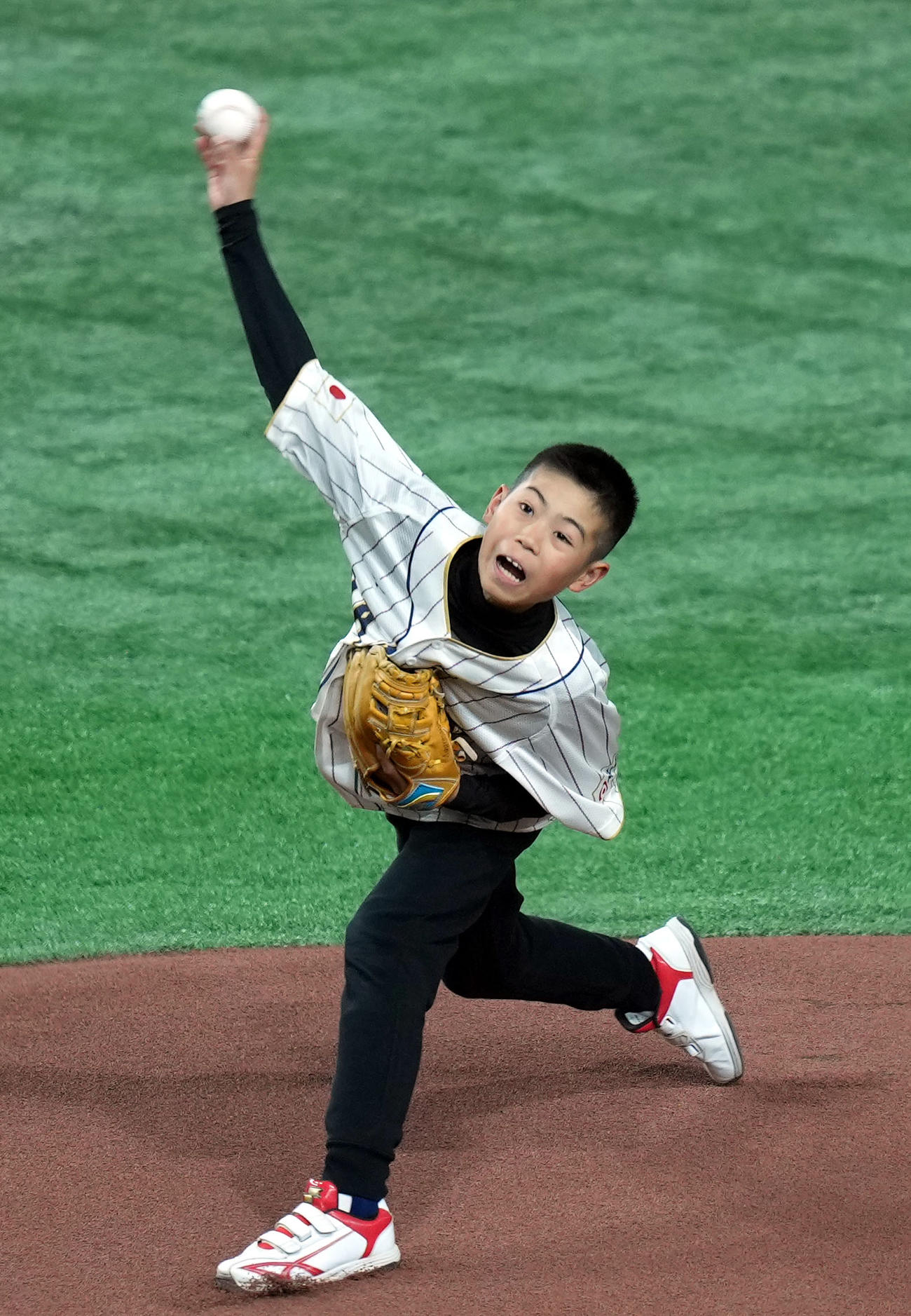 日本対イタリア　試合前、始球式を務める佐川遙輝君（撮影・狩俣裕三）