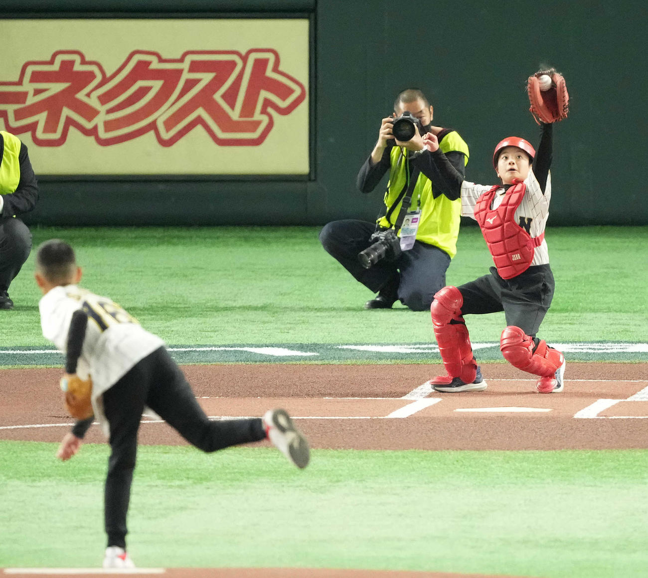 日本対イタリア　始球式で捕手を務めた石原壮真くん（撮影・鈴木みどり）