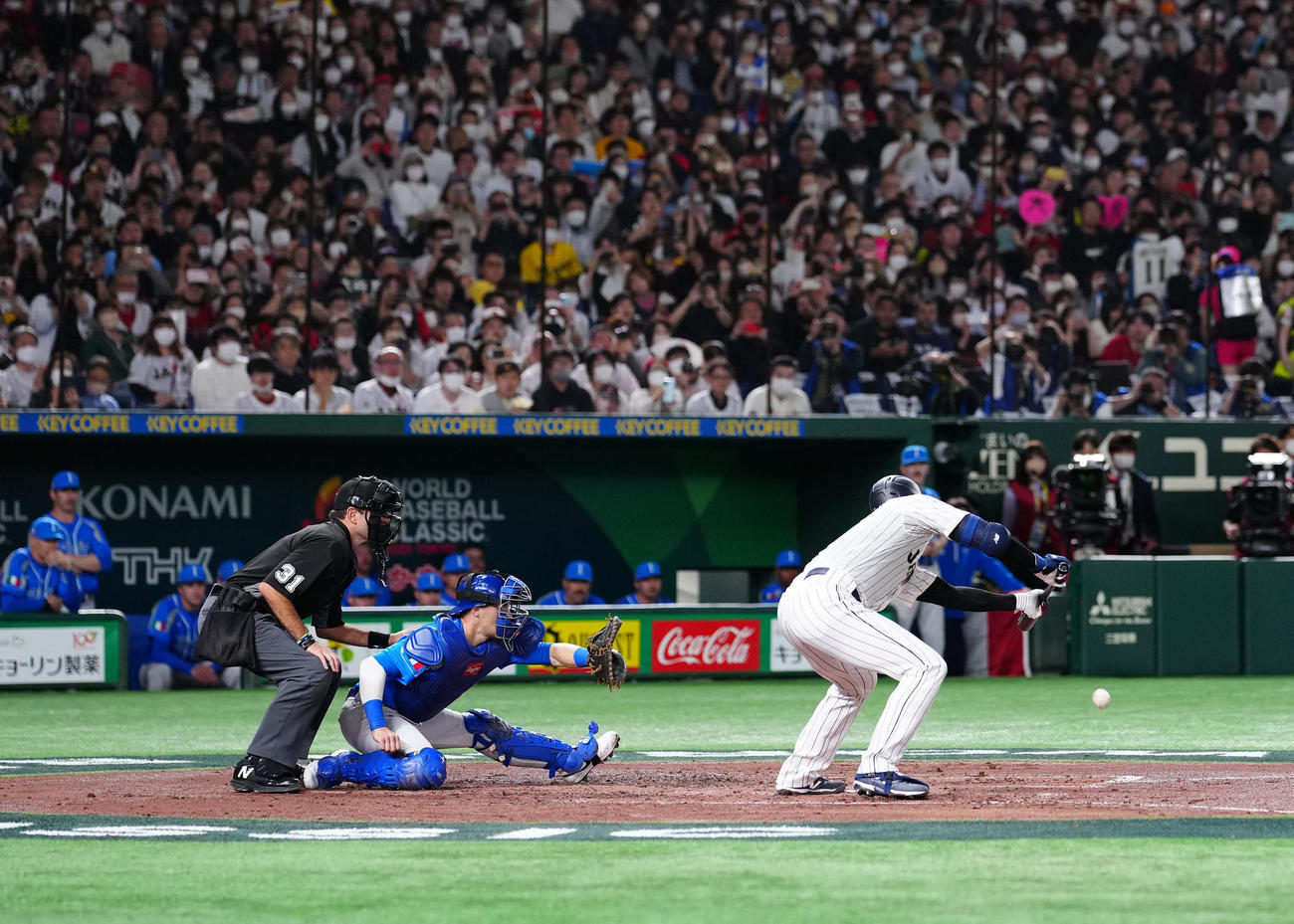 日本対イタリア　3回裏日本1死一塁、セーフティーバントを決める大谷（撮影・江口和貴）