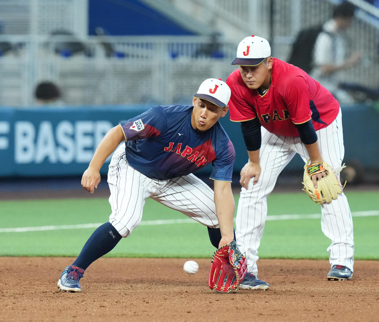 前日練習で三塁の守備位置でノックを受ける吉田。右は岡本（撮影・菅敏）
