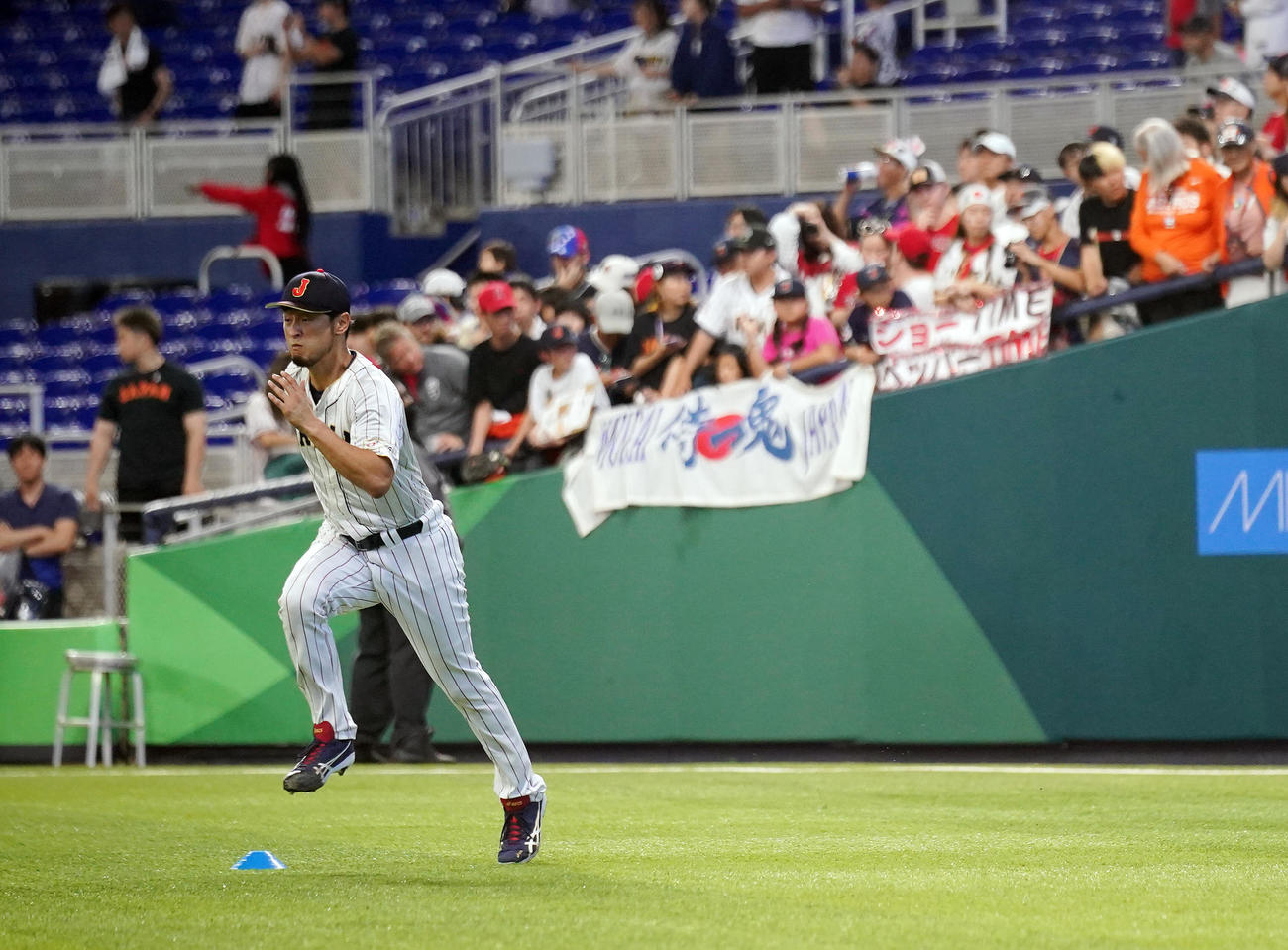 日本対メキシコ　試合前、日本のファンを背に調整するダルビッシュ（撮影・垰建太）
