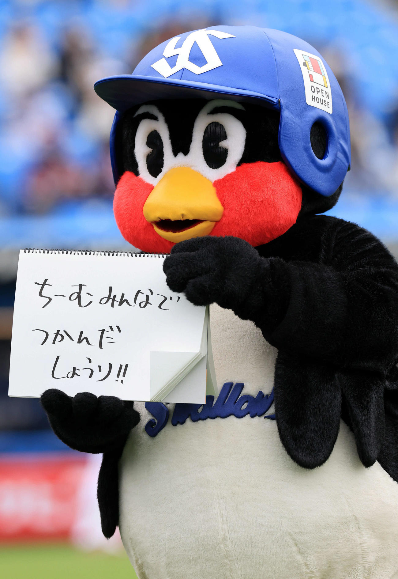 ヤクルト対楽天　試合前、WBCでヤクルト村上のサヨナラ適時二塁打で決勝進出を決めたことをパラパラひと言コメントでファンに見せるつば九郎（撮影・浅見桂子）