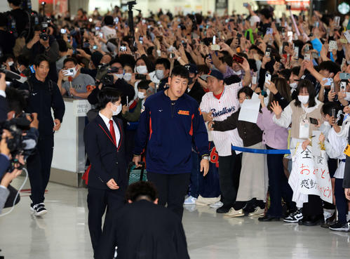 大勢のファンが待つ中、帰国した日本代表の岡本（中央）（撮影・浅見桂子）