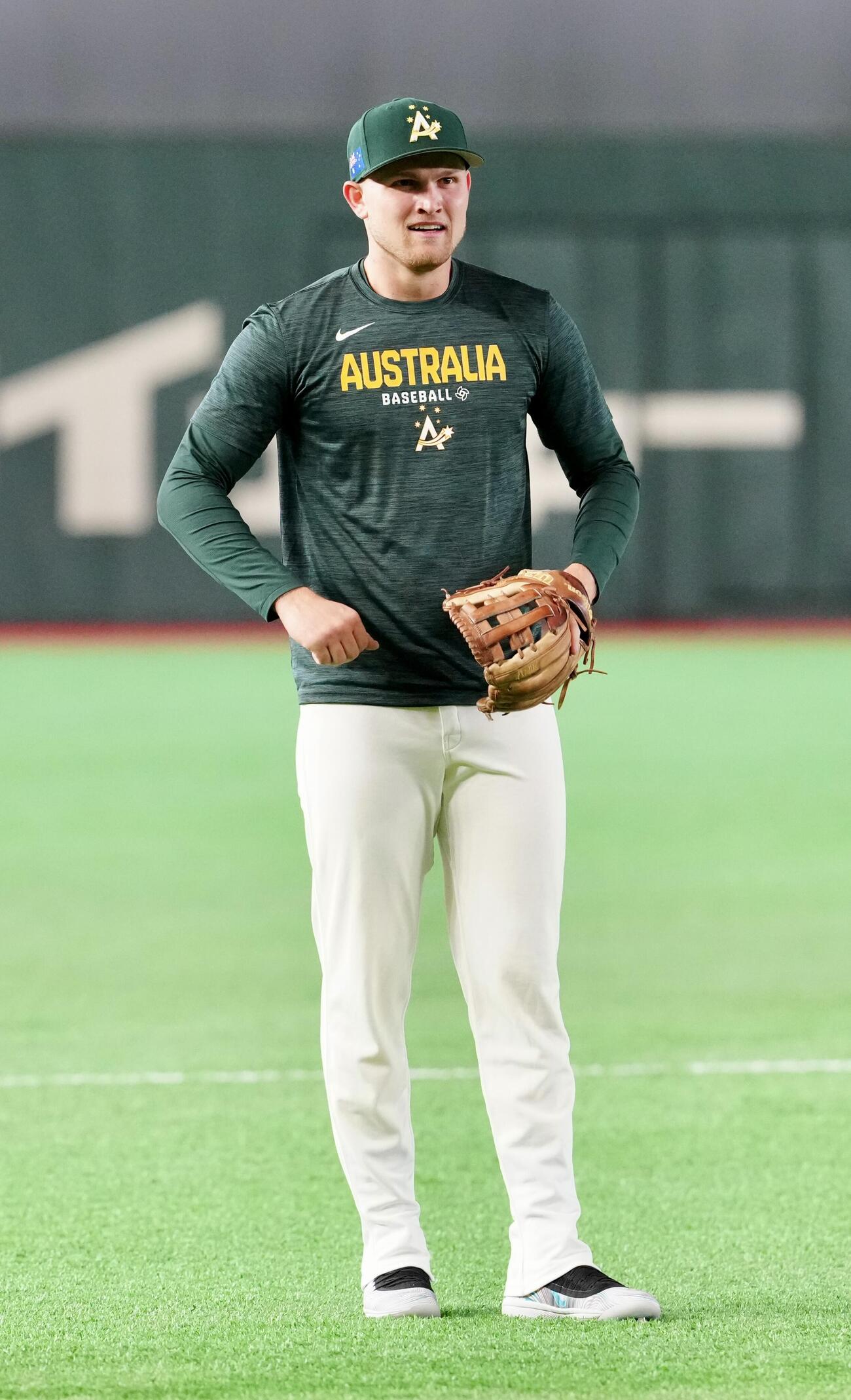 WBC公式練習を行うオーストラリア代表のミード（撮影・江口和貴）