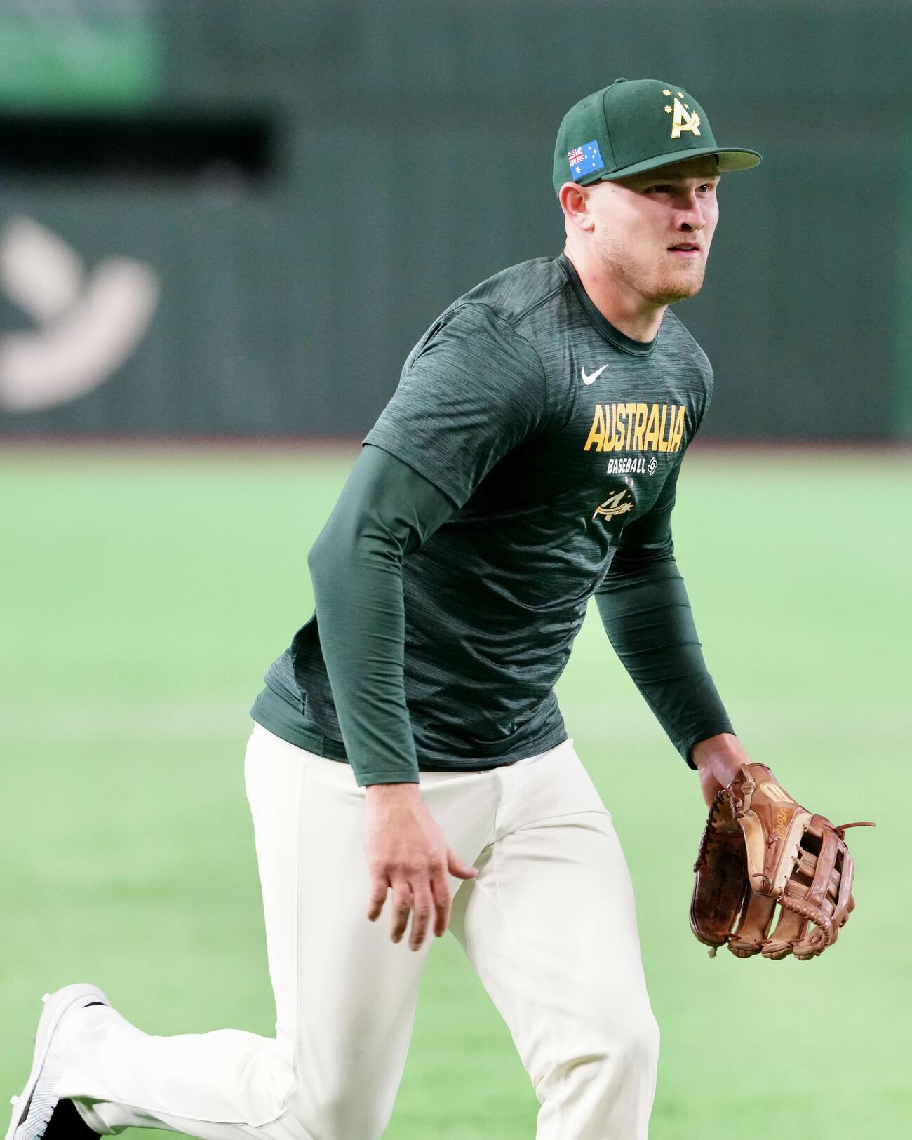 WBC公式練習を行うオーストラリア代表のミード（撮影・江口和貴）