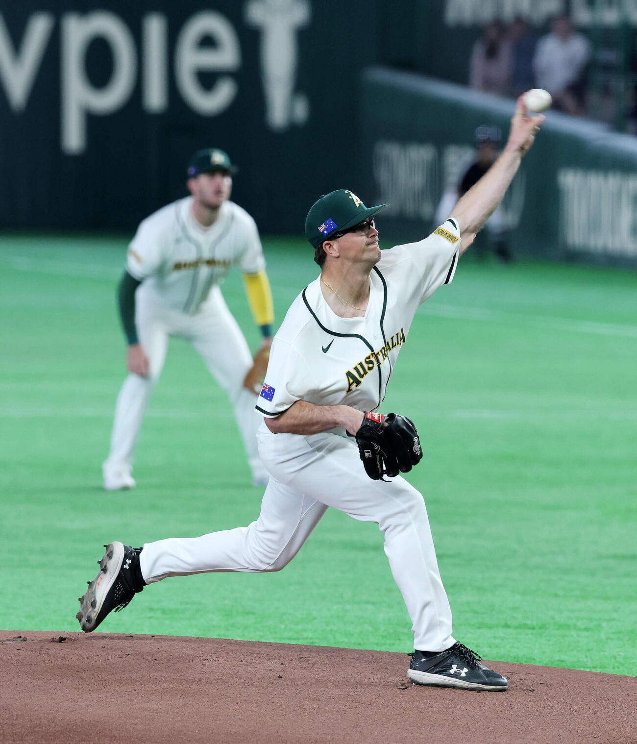 オーストラリア対台湾　先発し力投するオーストラリアA・ウェルズ（撮影・鈴木正人）　