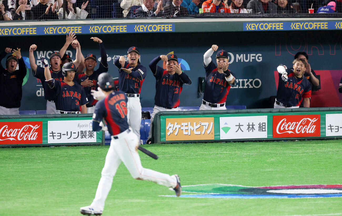 台湾対日本　2回表日本1死満塁、大谷の右越え満塁本塁打にベンチでお茶立てポーズを決めるナイン（撮影・加藤哉）