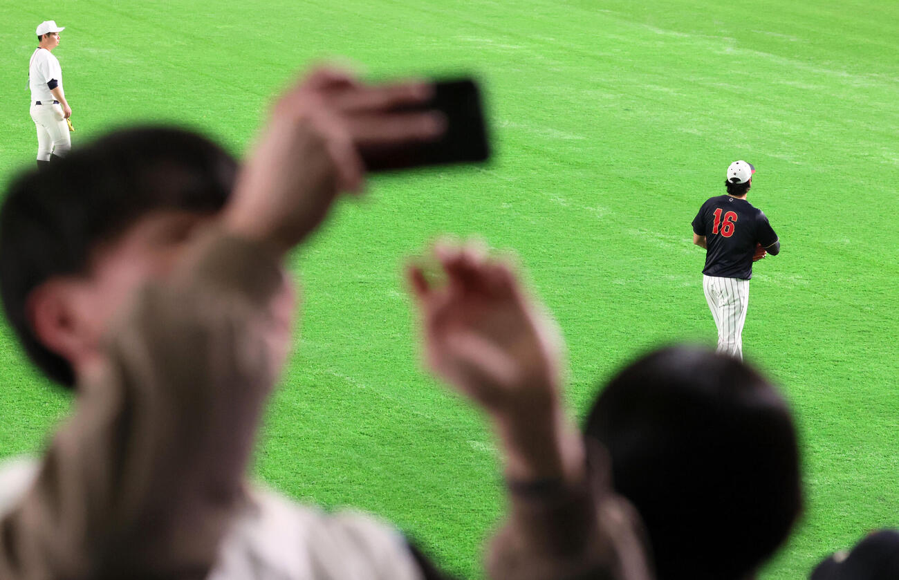 日本対オーストラリア外野でキャッチボールする侍ジャパン大谷を入れて自撮りするファン（撮影・加藤哉）
