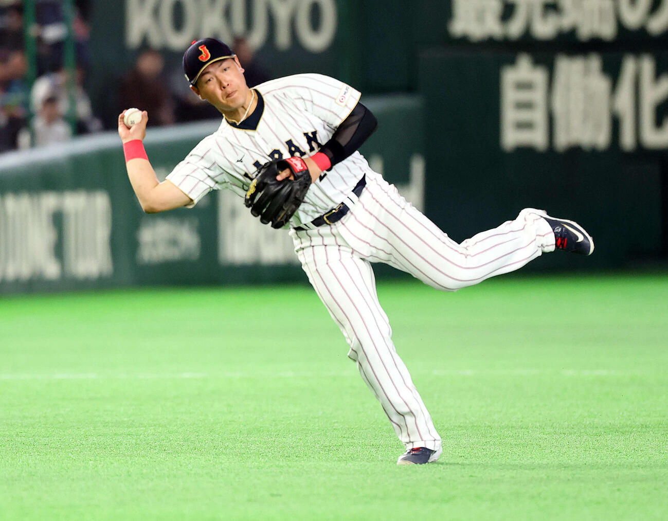 日本対オーストラリア　2回表オーストラリア1死、パーキンスの打球を好捕好送球する岡本（撮影・浅見桂子）