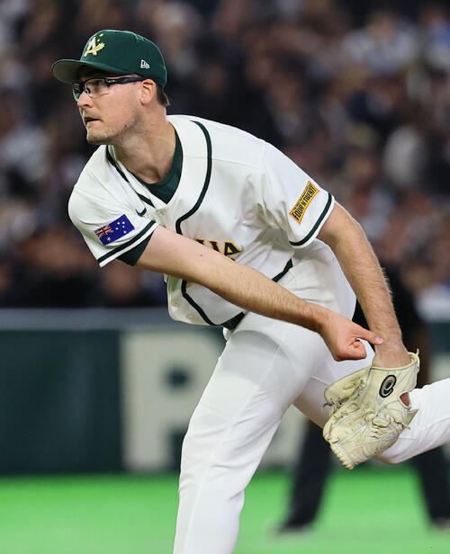 オーストラリア対韓国　2回途中、2番手で登板したオーストラリアのウィン（撮影・藤尾明華）