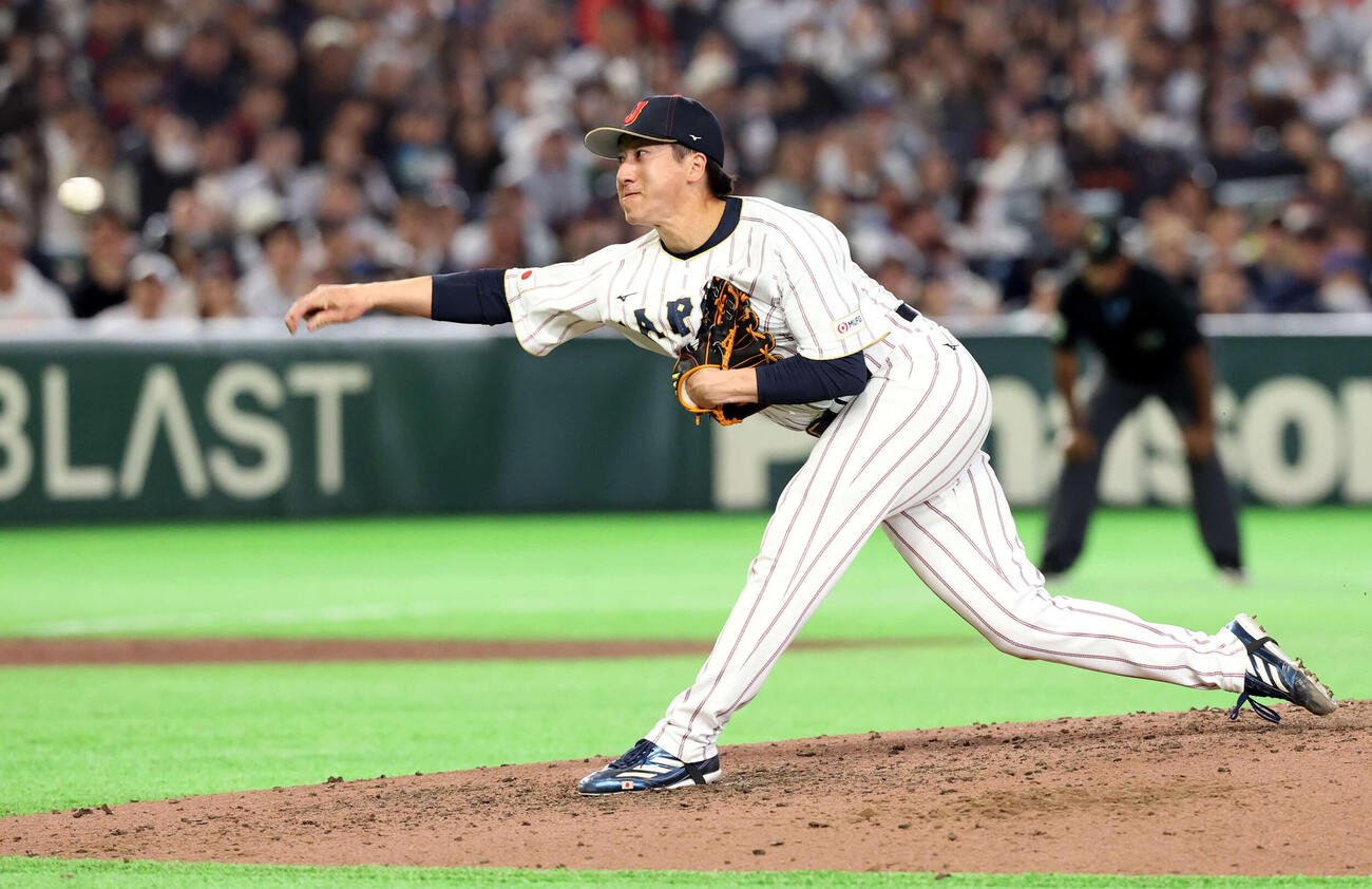 日本対オーストラリア　9回表オーストラリアの攻撃で登板した大勢（撮影・浅見桂子）