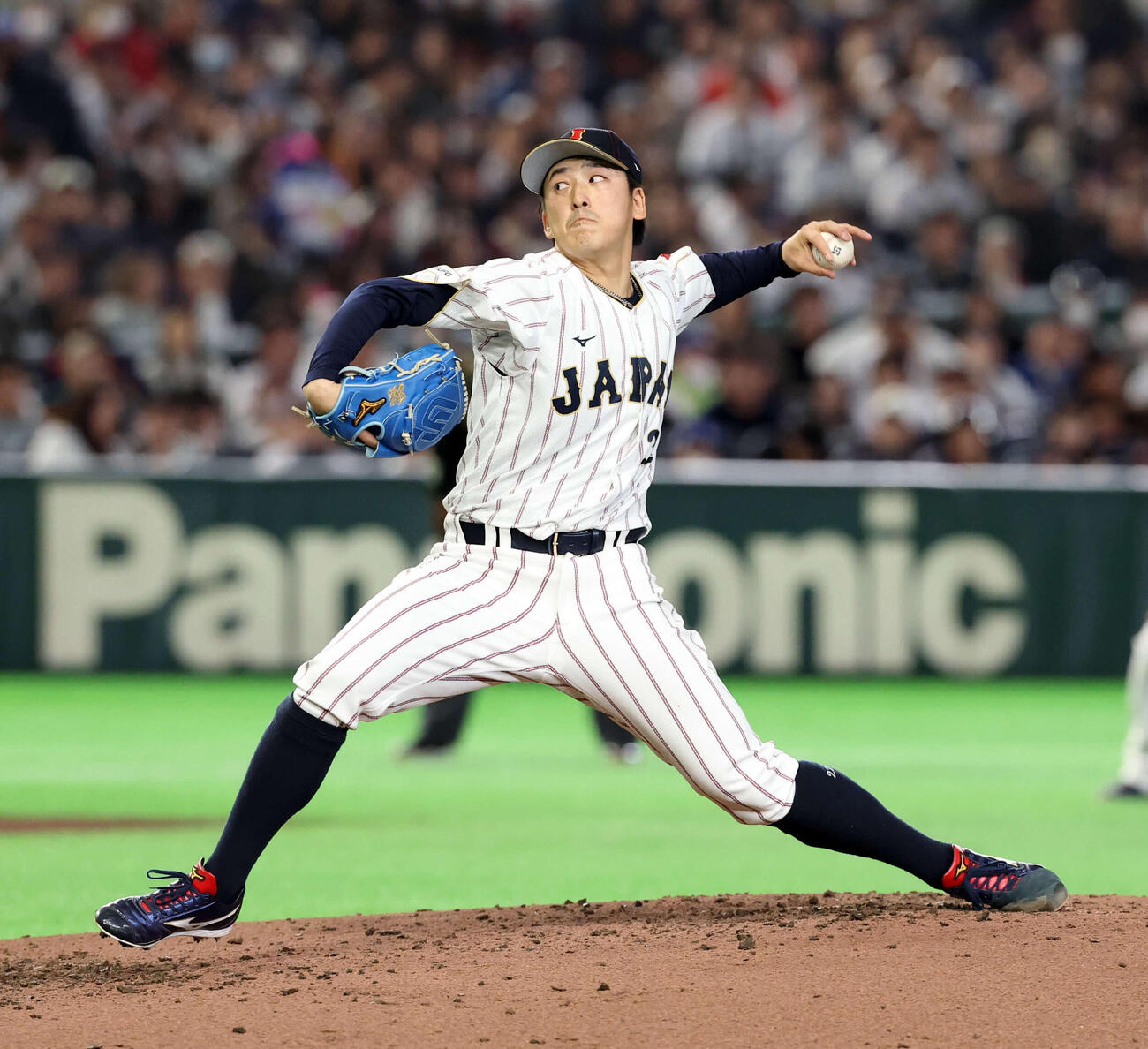 日本対オーストラリア　5回表オーストラリアの攻撃で登板した隅田（撮影・浅見桂子）
