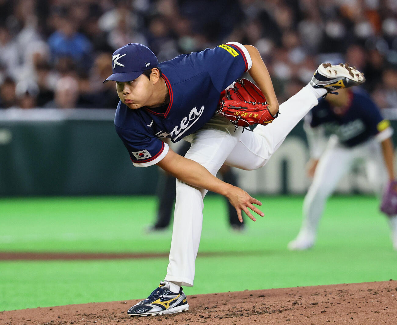 オーストラリア対韓国　4回、登板した韓国の蘇〓（王ヘンに行）準（撮影・藤尾明華）