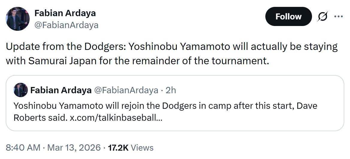 二転三転した「山本由伸離脱」に関するポスト（ファビアン・アルダヤ記者のXから）