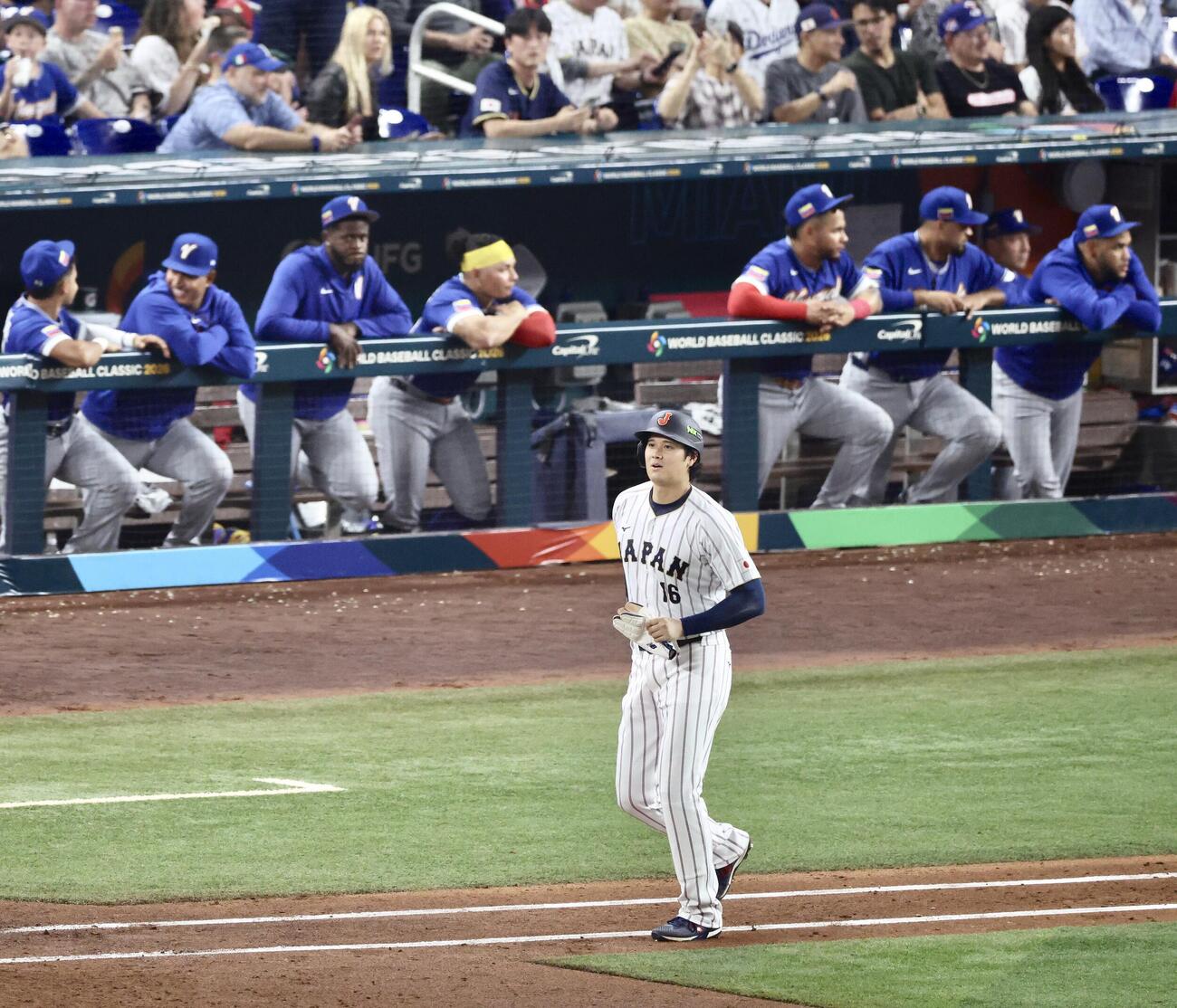 日本対ベネズエラ　3回裏1死二塁、申告敬遠で一塁に向かう大谷（撮影・河田真司）