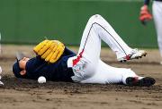 ７回裏中日２死一塁、中日藤井の打球を右ひじに受け、苦しむヤクルト林