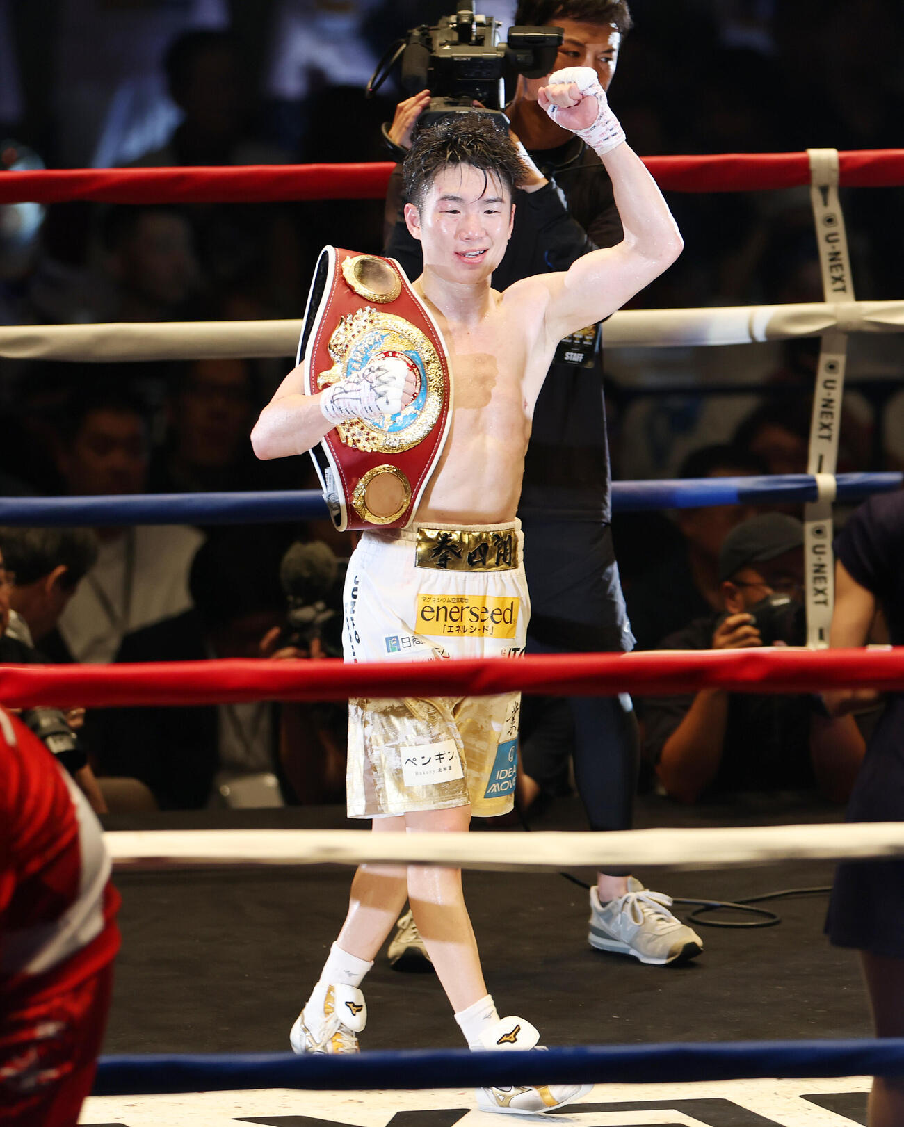 WBO世界スーパーフライ級王座決定戦　イスラエル・ゴンサレスに判定勝ちし3階級制覇を達成した寺地拳四朗（撮影・宮地輝）