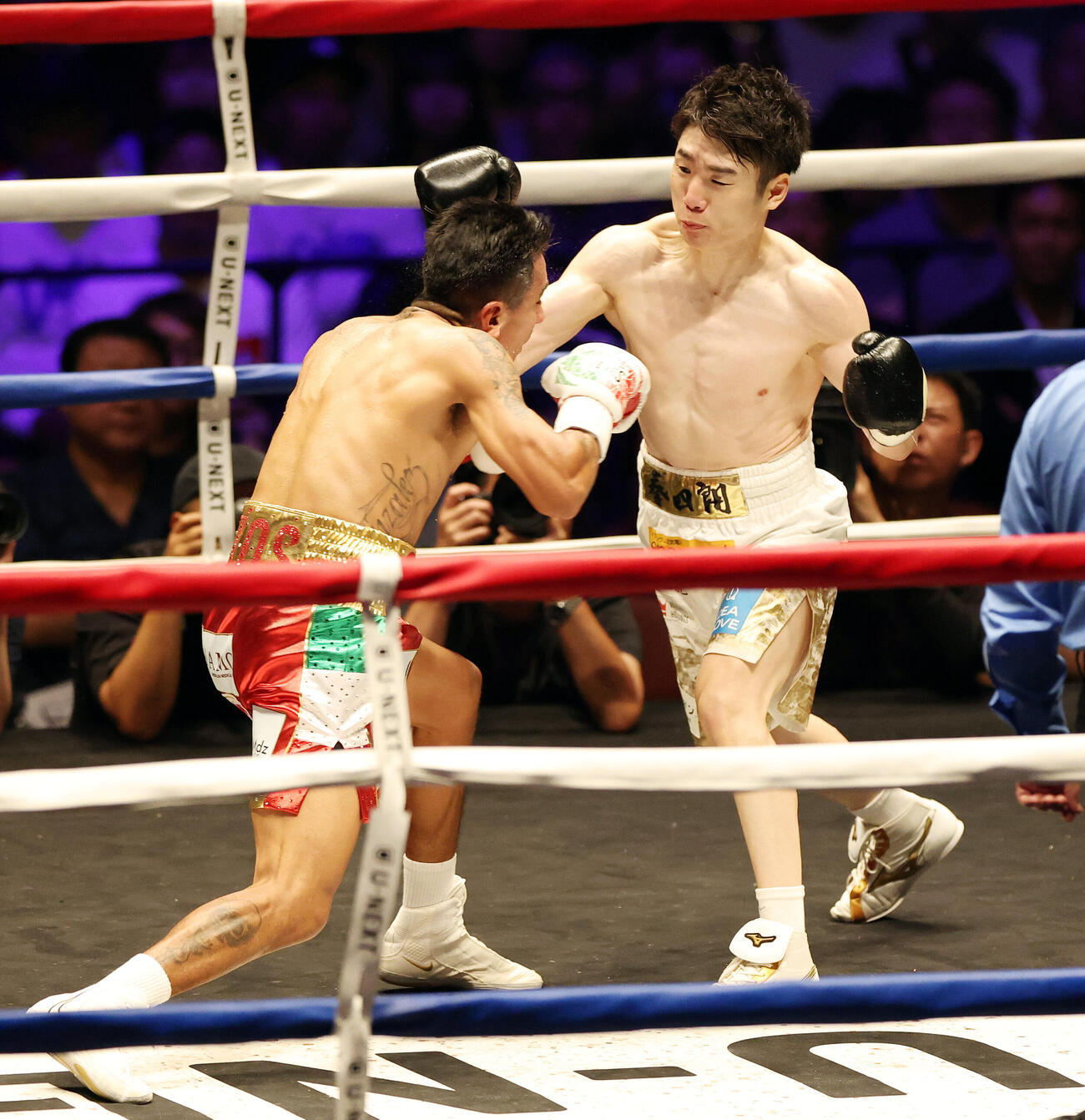 WBO世界スーパーフライ級王座決定戦　2回、イスラエル・ゴンサレス（左）からダウン奪う寺地拳四朗（撮影・宮地輝）