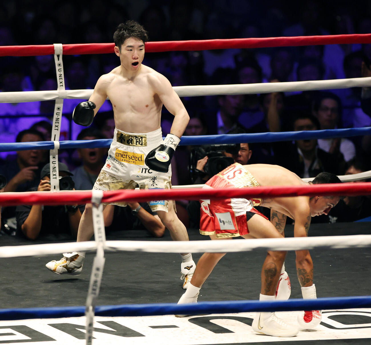 WBO世界スーパーフライ級王座決定戦　2回、イスラエル・ゴンサレス（右）からダウン奪う寺地拳四朗（撮影・宮地輝）