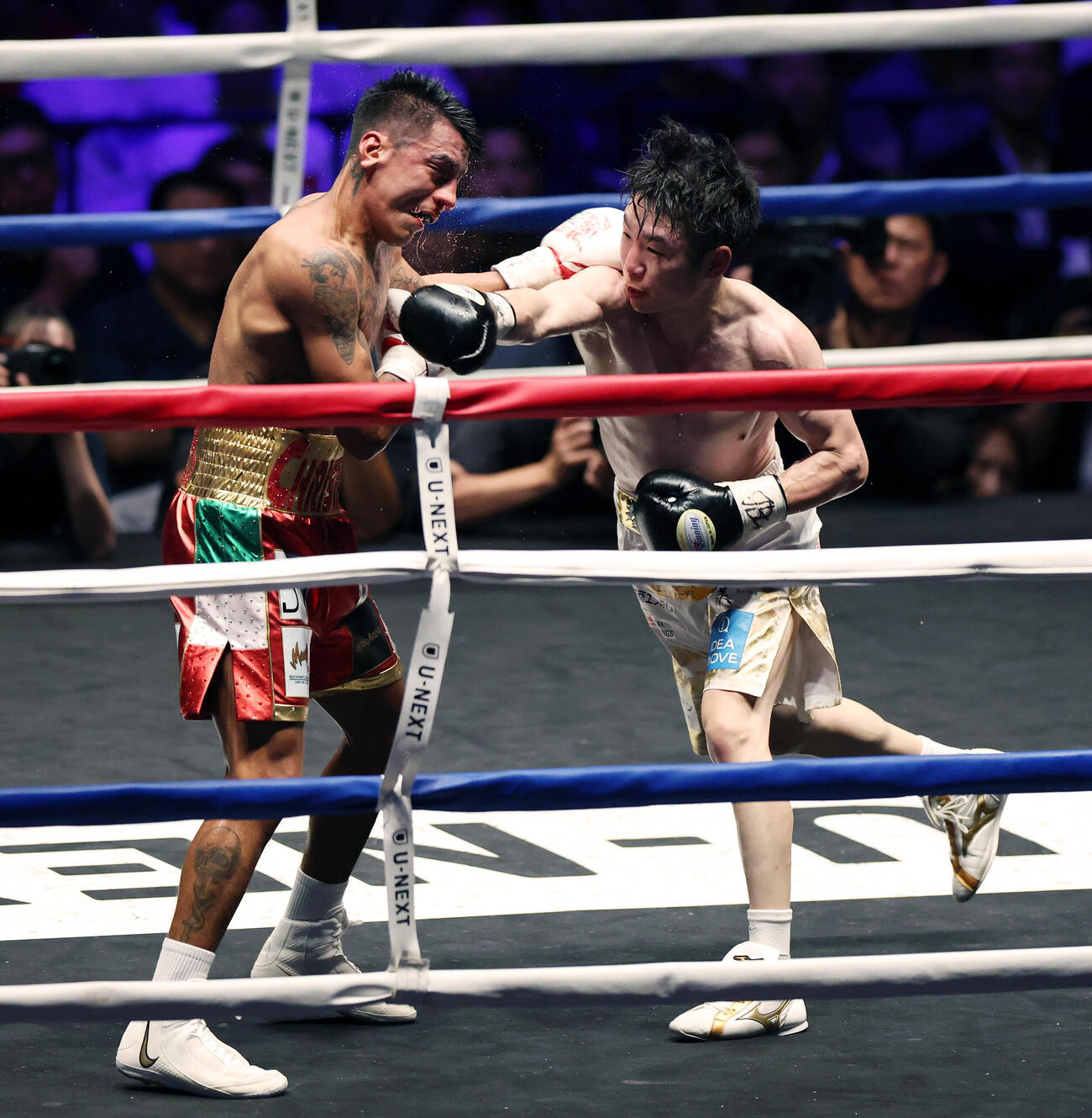 WBO世界スーパーフライ級王座決定戦　6回、イスラエル・ゴンサレス（左）にパンチを見舞う寺地拳四朗（撮影・宮地輝）