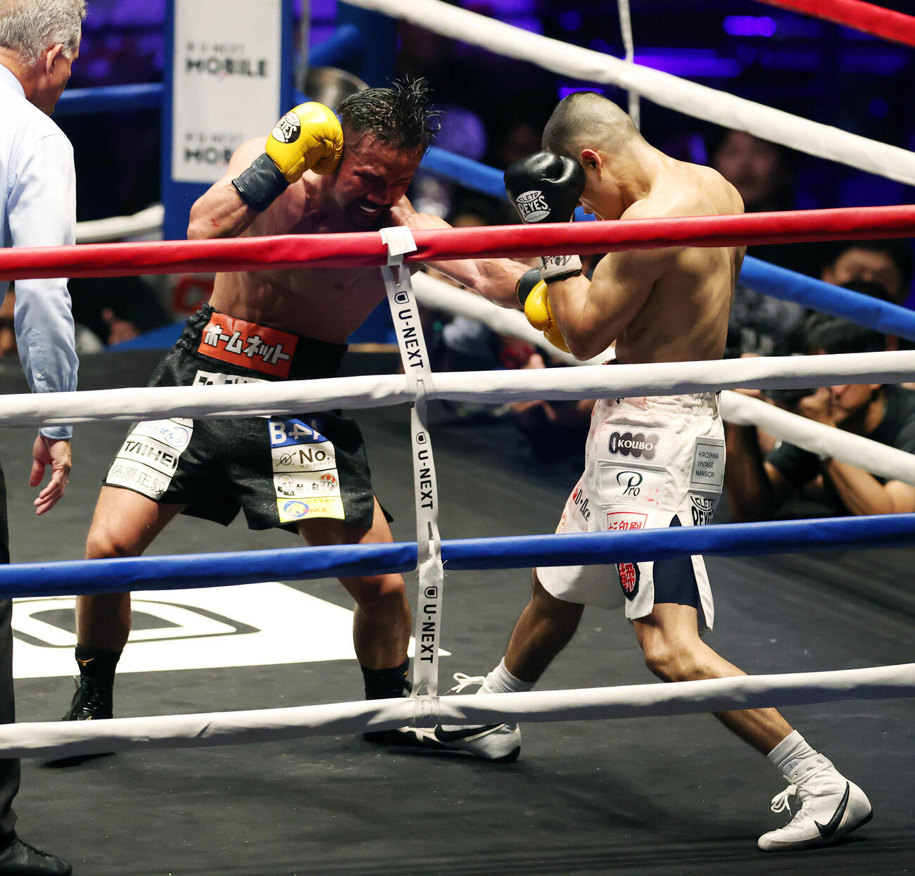 WBA世界バンタム級王座決定戦　10回、増田陸（右）にパンチを打ち込む比嘉大吾（撮影・宮地輝）