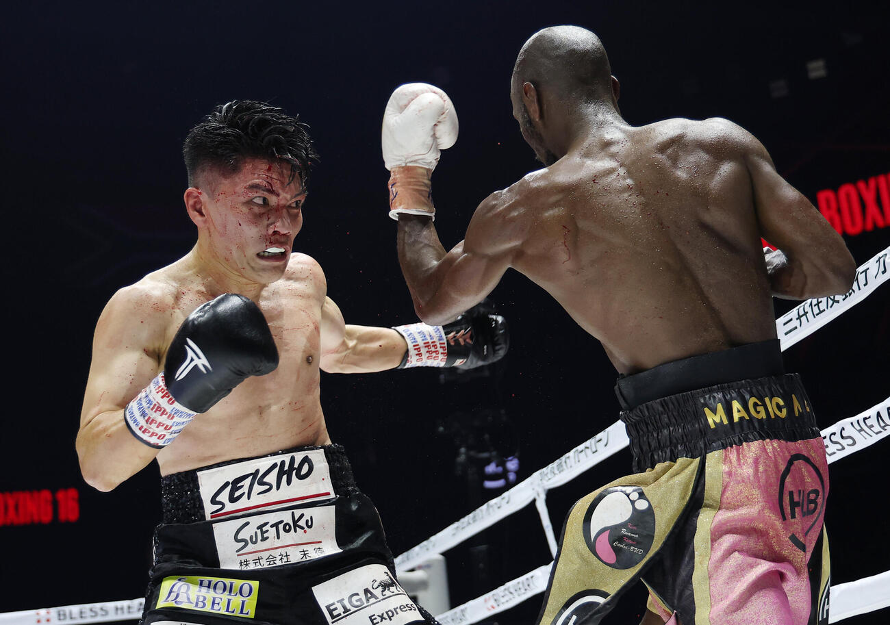 8回、打ち合う坪井智也（左）とリカルド・マラジカ（撮影・河田真司）