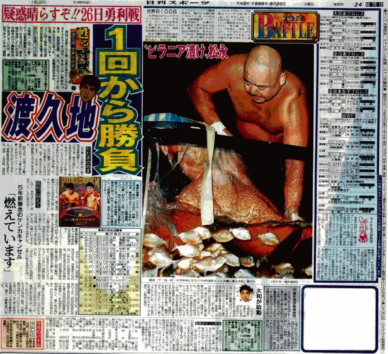 ナガサキさんは松永光弘をピラニアが泳ぐ水槽に沈めてデスマッチに勝利（96年8月20日、日刊スポーツ首都圏版）