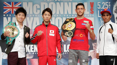 左からＷＢＣ世界ライトフライ級王者拳四朗、井上尚弥、ＷＢＡ世界バンタム級王者ジェイミー・マクドネル、ガニガン・ロペス（２０１８年５月２３日撮影）