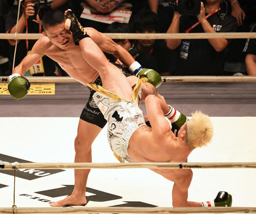 回転胴まわし蹴りを堀口恭司(左)にヒットさせる那須川天心(2018年9月30日撮影)