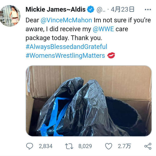 WWEから荷物がごみ袋に入って届いたことをツイッターで報告した元WWE女子王者ミッキー・ジェームスのツイッター