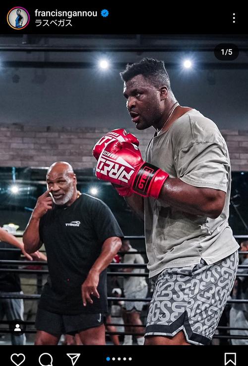 元UFCヘビー級王者フランシス・ガヌー（右）にボクシング指導する元統一ヘビー級王者マイク・タイソン（ガヌー公式インスタグラムから）