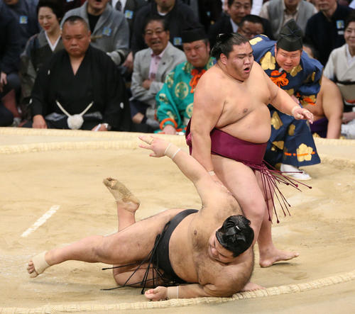 九州場所の千秋楽で高安を下した御嶽海（右）（2018年11月25日撮影）