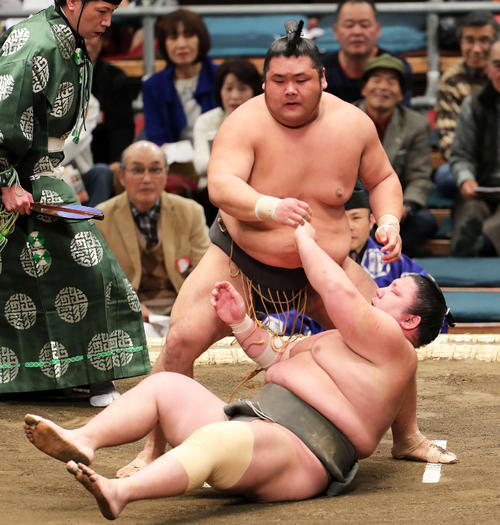芝（下）を上手投げで破る天空海（撮影・鈴木正人）
