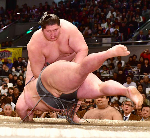 大相撲春場所　14日目　ははたき込みで貴景勝を破り１敗を死守した逸ノ城（2019年3月23日撮影）