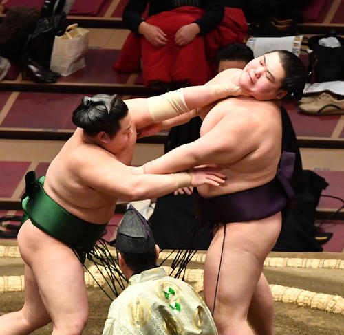 王鵬（右）は東白龍に押し出しで敗れる（撮影・柴田隆二）