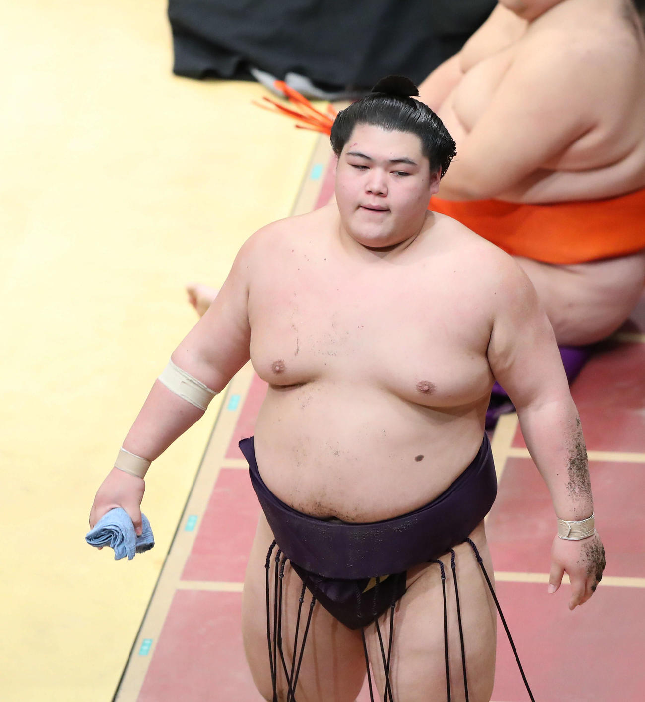 大翔丸にはたき込みで敗れ、土俵から引き揚げる王鵬（撮影・河田真司）