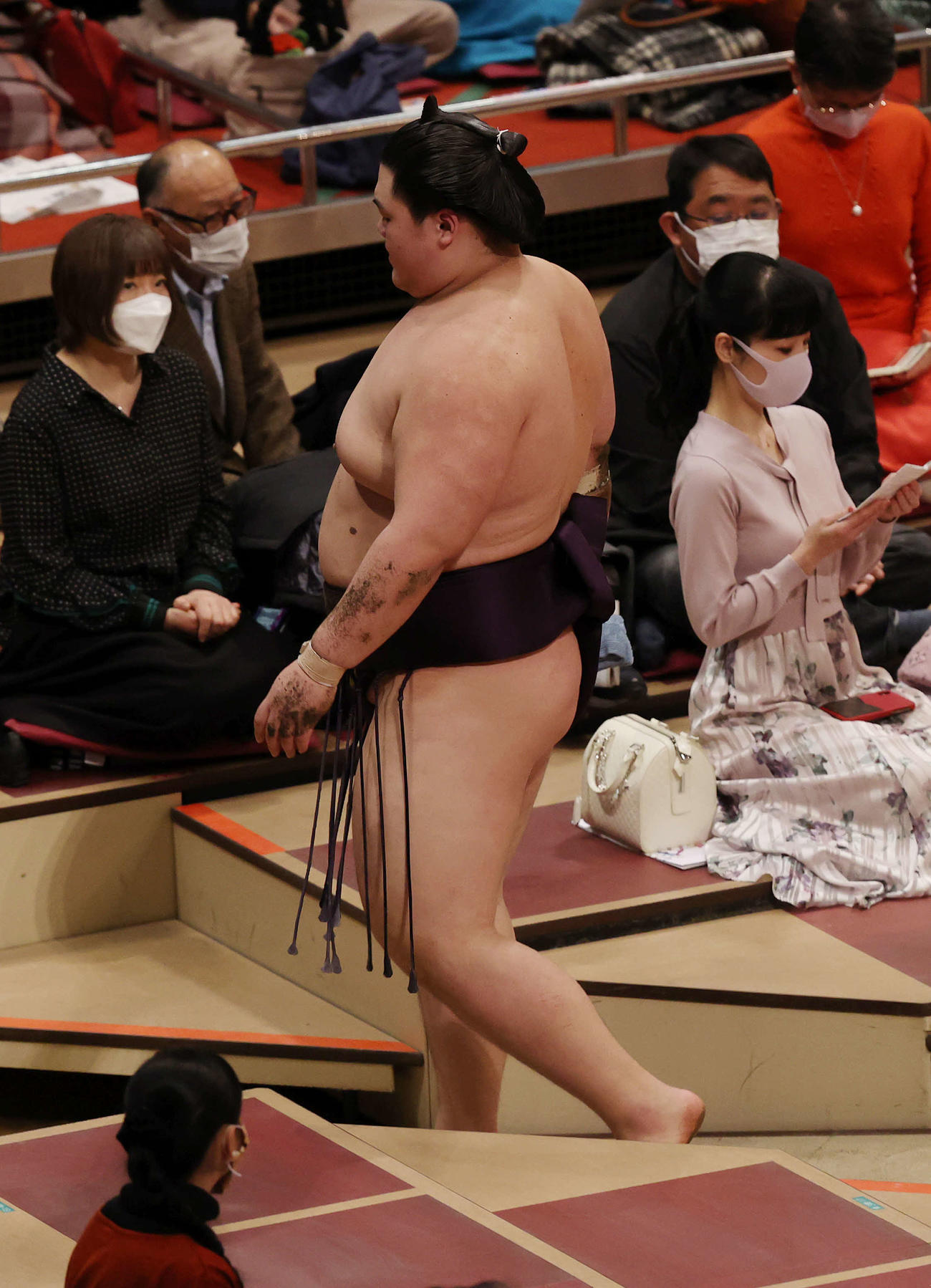 大翔丸に敗れがっくりと引き揚げる王鵬（撮影・河野匠）