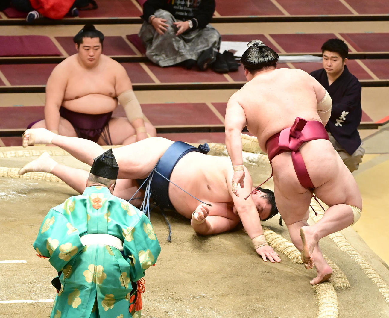 大栄翔（右）は玉鷲をはたき込みで破る（撮影・小沢裕）